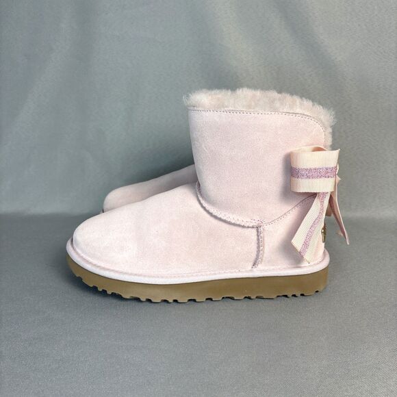 Womens UGG Boots Sz 7 Bailey Bow Customizable Pink Suede Festival Coquette Rare - Picture 5 of 13